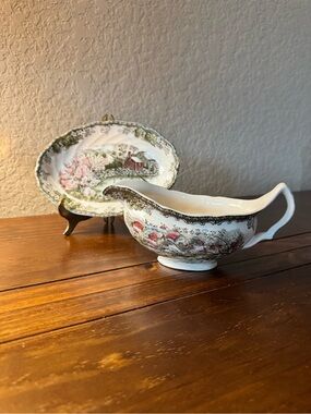 Vintage Johnson Bros The Friendly Village Gravy Boat & Relish Plate Transferware